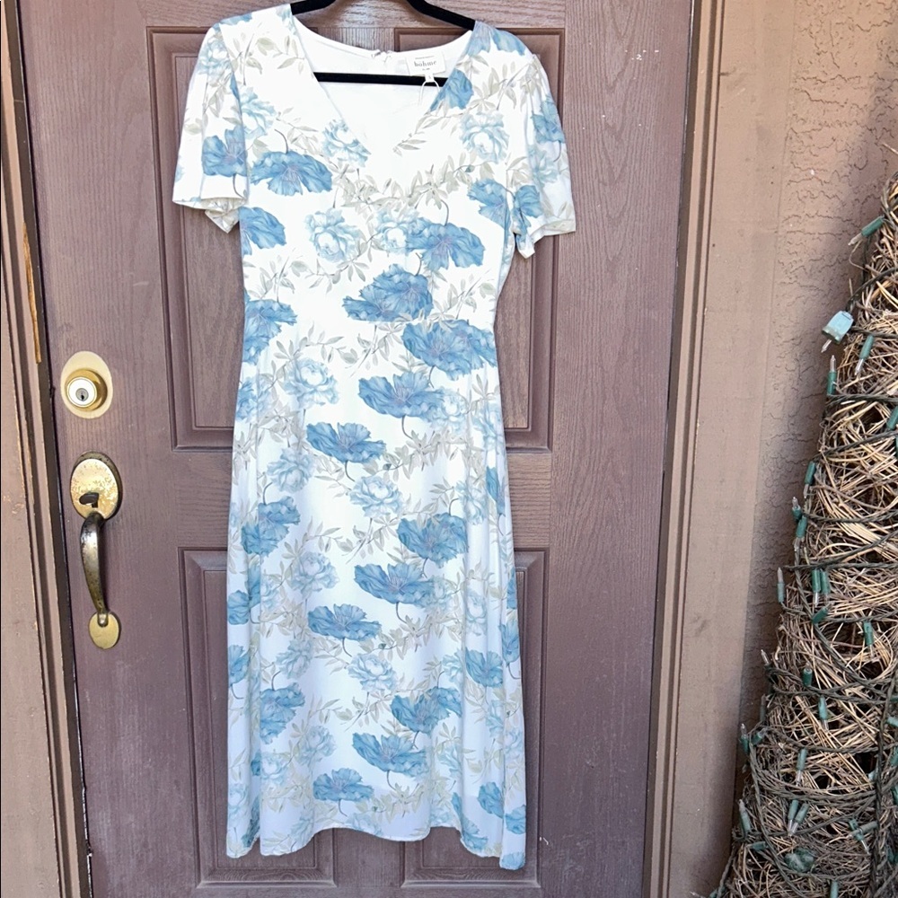 Bohme Blue and Cream Floral Midi Dress